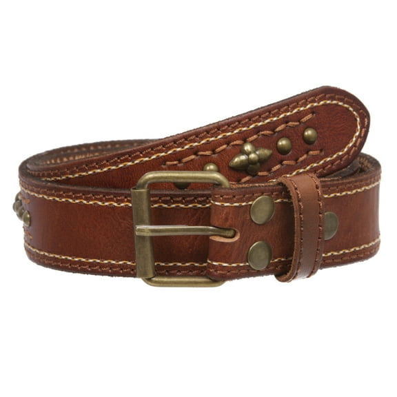 Full Grain Leather Studded Roller Buckle Belt – 1.5" Wide Snap-On
