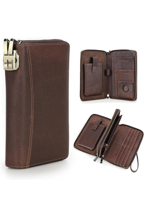 Full Grain Leather Wallet Passport Holder Compatible with Airtag Travel Passport Aviator Wallet Rfid Document Holder with Code Lock Phone Organizer