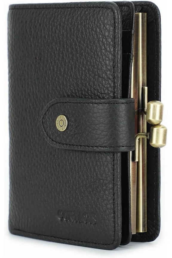 Full Grain Leather Womens Kiss Lock Wallet Vintage Kiss Clasp Purse with 13 Card Slots Coin Holder Small Bifold Rfid Wallet(Pink)