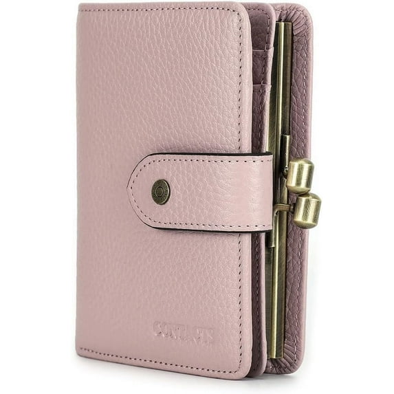 Full Grain Leather Womens Kiss Lock Wallet Vintage Kiss Clasp Purse with 13 Card Slots Coin Holder Small Bifold Rfid Wallet(Pink)