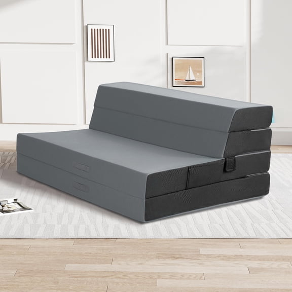 Full Grey 4 Inch Foldable Foam Mattress with Carry Bag for Camping RV Yoga Guest Rooms