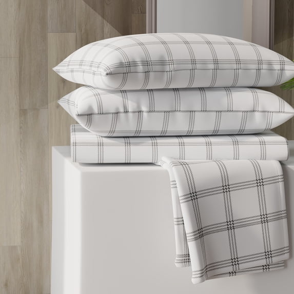 Color Sense 4-Piece Brushed Percale Cotton Blend Bedsheet Set, Cool & Crisp, Breathable, Wrinkle Resistant, Full, Grey Checks