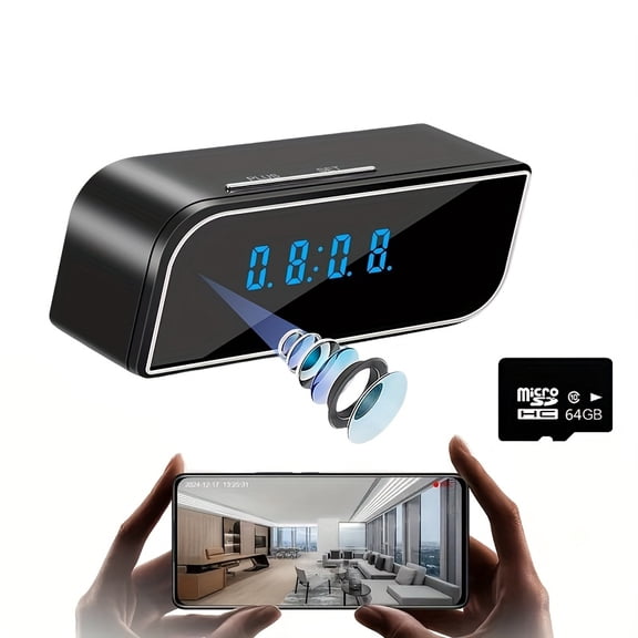 Full HD 1080P Security Camera Clock, 2.4G WiFi, Motion Detection & Rechargeable Battery, Remote Live View, 64GB Card Included for Home, Office & Pet Monitoring