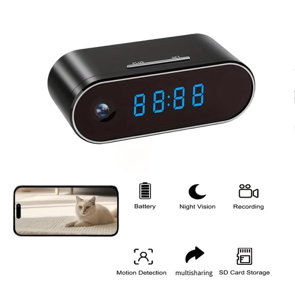 Full HD 1080P Security Camera Clock, 2.4G WiFi, Motion Detection & Rechargeable Battery, Remote Live View, 64GB Card Included for Home, Office & Pet Monitoring