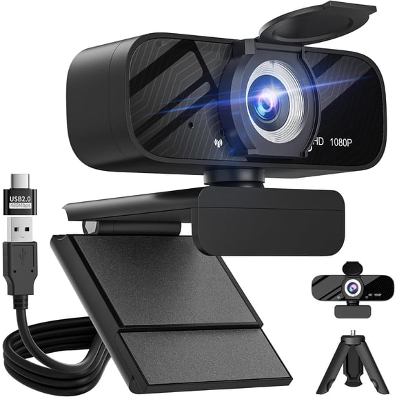 Full HD 1080P Video Webcam, Noise Cancellation, Privacy Cover, Wide-Angle Lens, Auto Light Correction, Plug & Play USB Webcam for Laptop, Desktop, PC, Mac, Zoom, Skype Pro Series