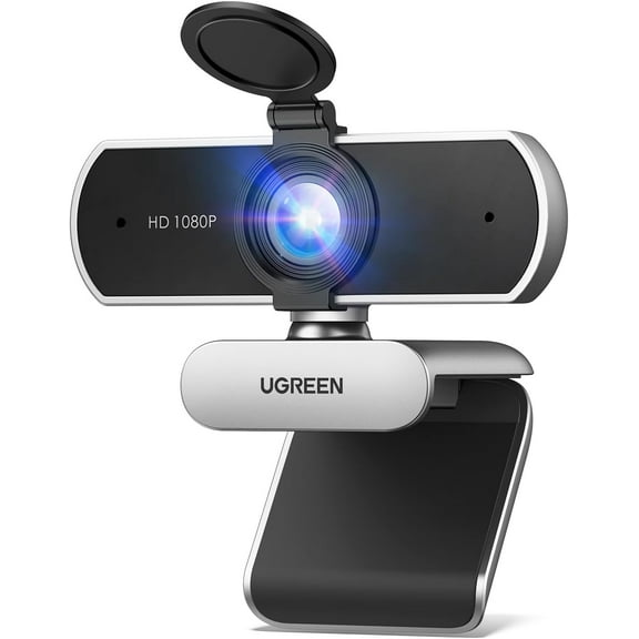 Full HD 1080P Webcam with Microphone, 2 Noise-Canceling Mics, 85 Fov & Fixed Focus, Plug and Play, Auto Light Correction, Privacy Cover PC Camera for Zoom/Skype/Teams, Switch 2, Silver Grey
