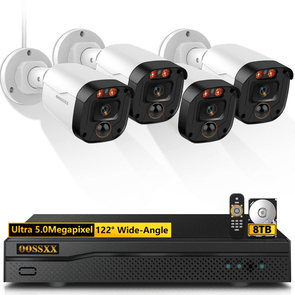 OOSSXX 4-Camera 5MP Wired Home Security Camera System with DVR, HD-Analog CCTV Surveillance Cameras Kit, IP67 Waterproof Outdoor Cameras