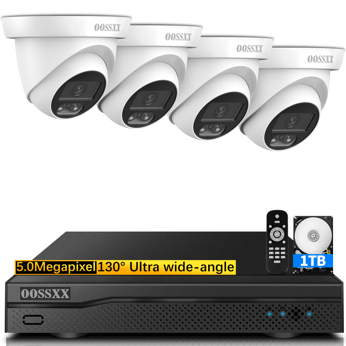 OOSSXX Full HD 5MP Wired Security Camera System with 8 Channel DVR, 4 Cameras