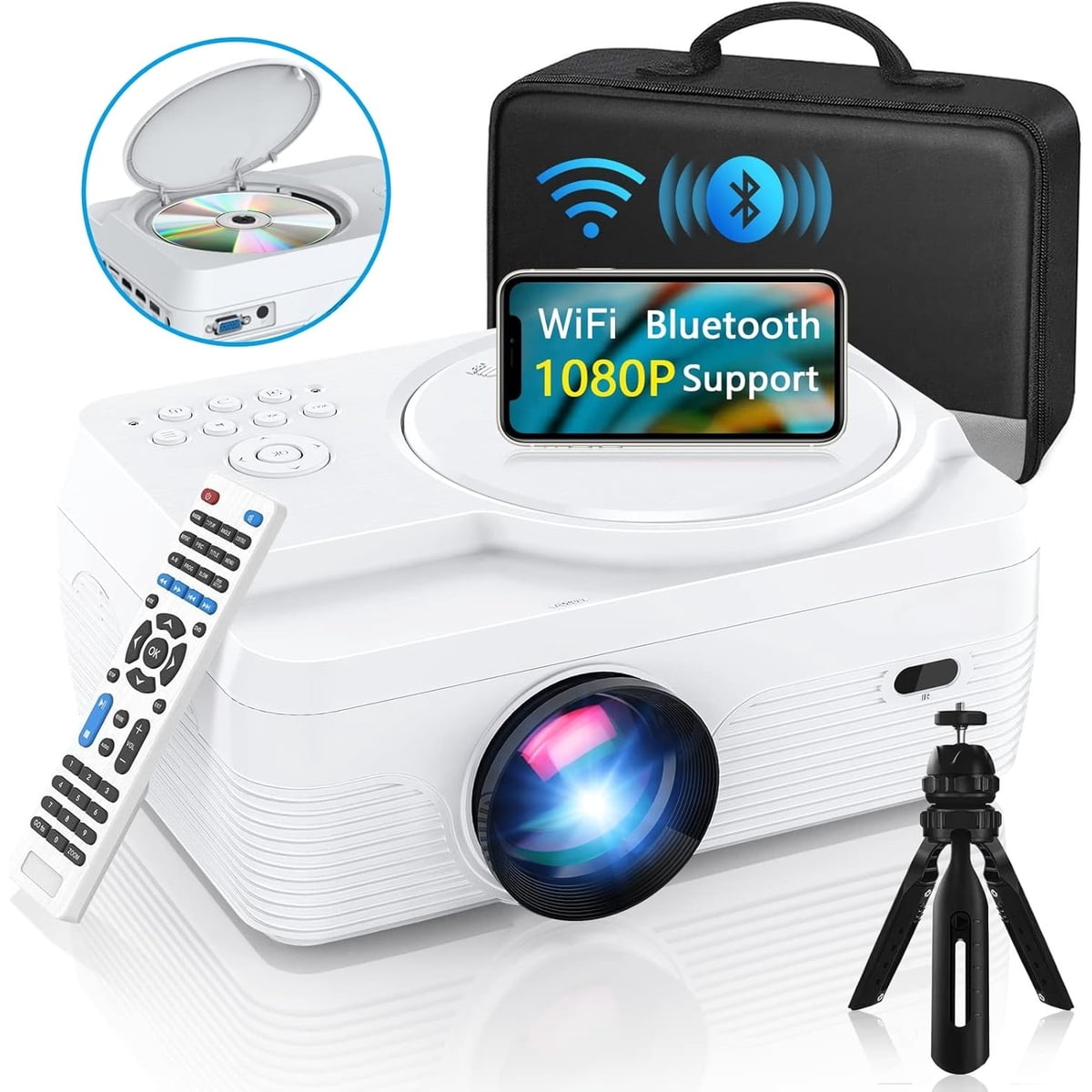 Full HD WiFi Bluetooth Projector Built in DVD Player, Native 1080P Supported, Portable Mini DVD Projector for Outdoor Movies, 250" Home Theater, Compatible with iOS/Android/TV Stick/PS4/HDMI/USB/TF