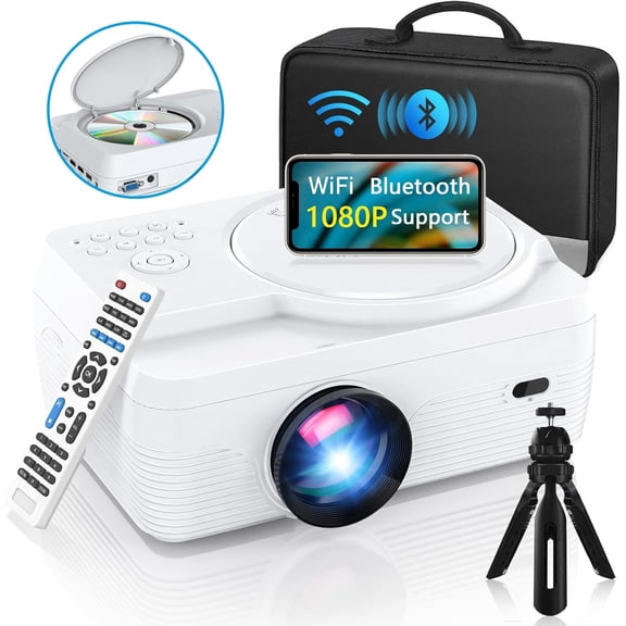 Full HD WiFi Bluetooth Projector Built in DVD Player, Native 1080P Supported, Portable Mini DVD Projector for Outdoor Movies, 250" Home Theater, Compatible with iOS/Android/TV Stick/PS4/HDMI/USB/TF