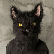 Full Head Plush Devil Cat Mask,Realistic Black Kitty Mask,Horror Furry Animal Masks for Halloween Christmas Role-Play Party,Scary Black Cat Masks