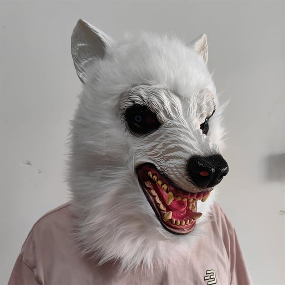 Full Head Werewolf Mask,Realistic Furry White Wolf Head Mask,Halloween Wolf Costume for Role-Play Party,Christmas,Masquerade,Scary Werewolf Headgear Stuff