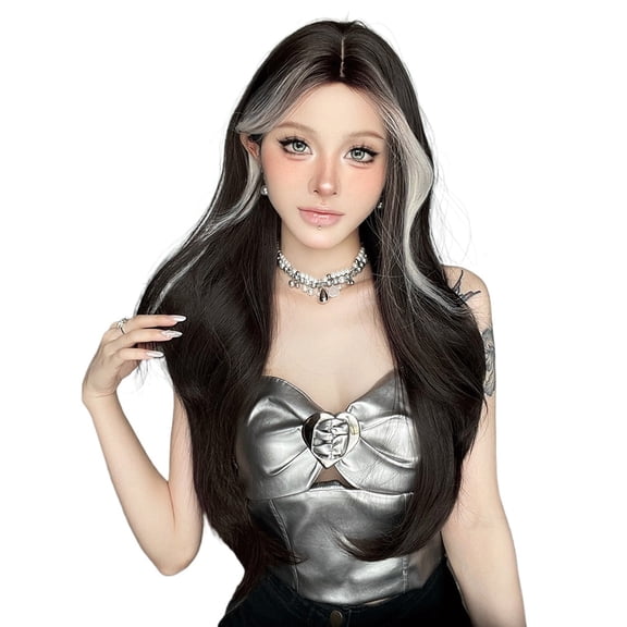 Long White Grey Wig for Women - Full Head High Temperature Silk Wig with Big Waves and Eight Character Bangs, 70cm