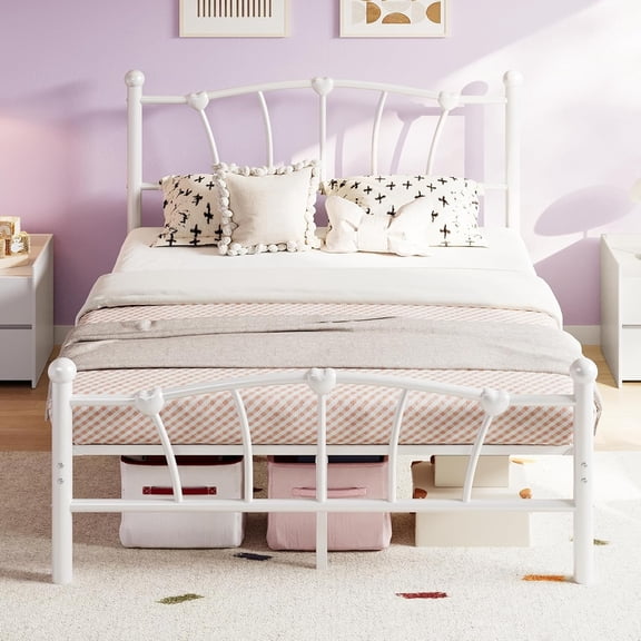 Full Heart-Shaped Platform Bed Frame with Headboard and Footboard, Heavy-Duty Metal Slat Support, Noise-Free Design, No Box Spring Needed, Easy Assembly, White