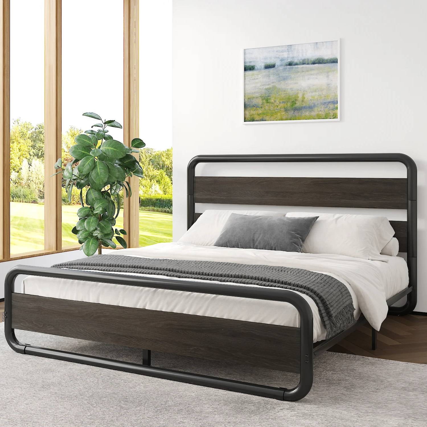 Full Heavy Duty Round Metal Frame Platform Bed with Black Wood Panel