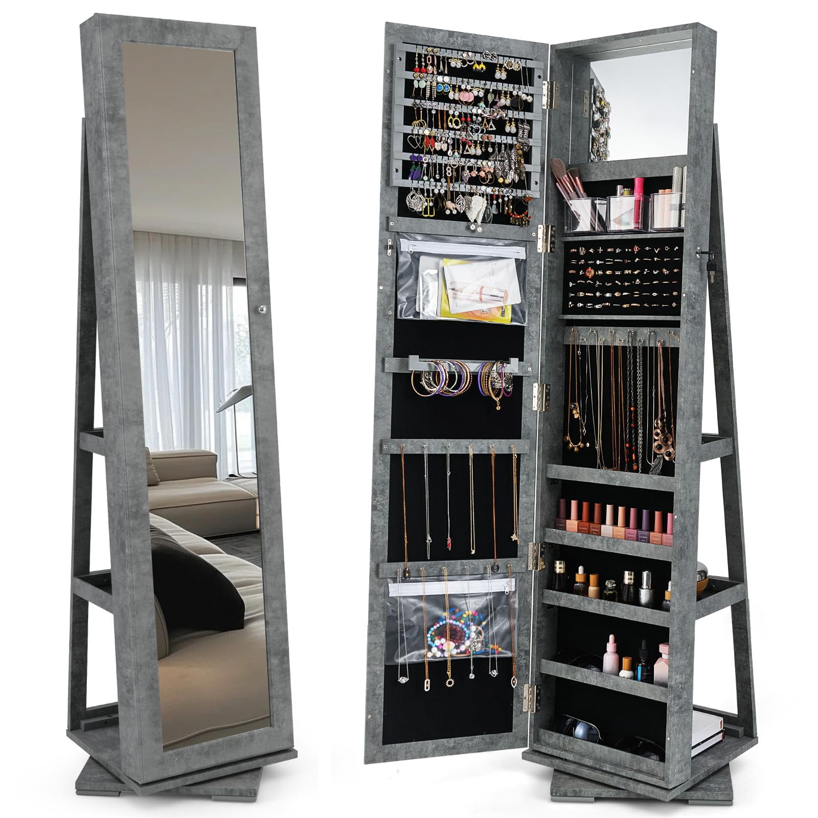 Full Height Mirror Jewelry Armoire with Rotating Base, Secure Jewelry