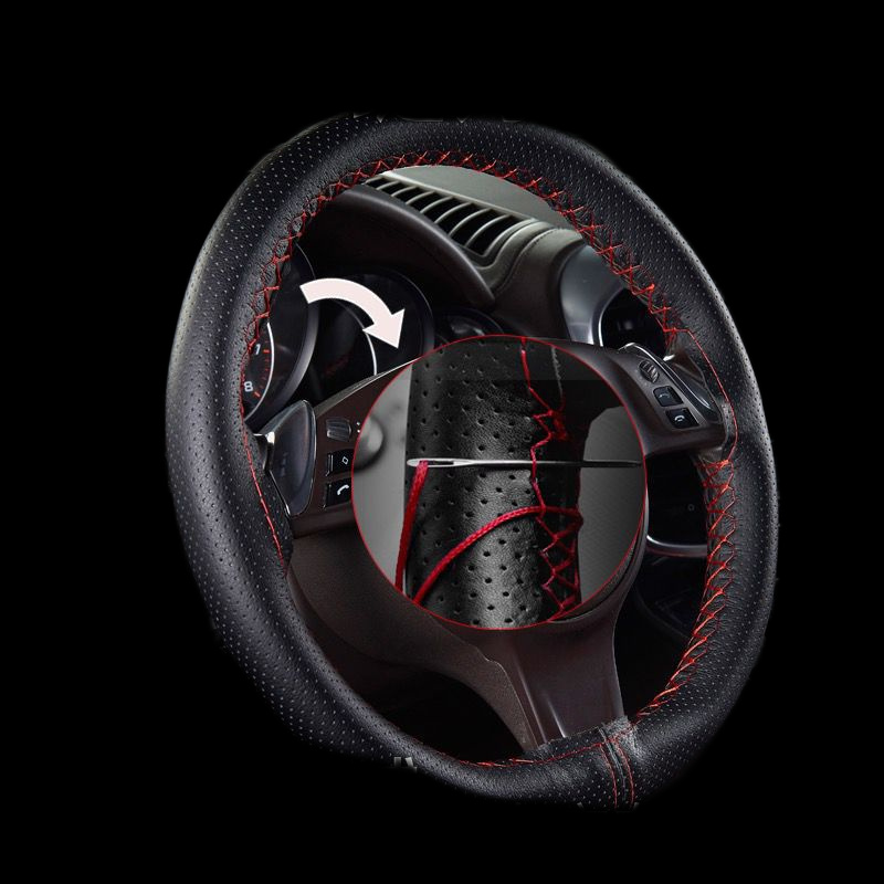 Full Hole Hand Seam Steering Wheel Sleeve Black + Red Line 38Cm / 14.