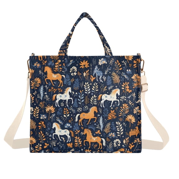 Full Horses Leaves Corduroy Tote Bag Handbag Large Messenger Bag Shoulder Crossbody Zipper Bag Purse