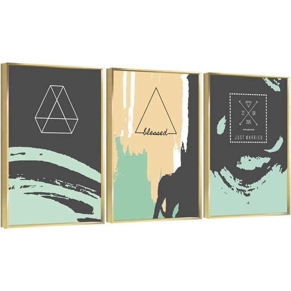 Full House 3 Panels Framed Canvas Wall ArtOil Paintings - Blessed & Just Married - Aesthetic Prints for Living Room Bedroom Office