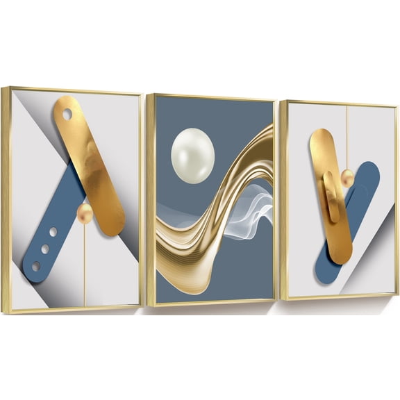 Full House 3 Panels Framed Canvas Wall ArtOil Paintings - Blue & Golden Geometric Art with White Pearl - Aesthetic Prints for Living Room Bedroom Office