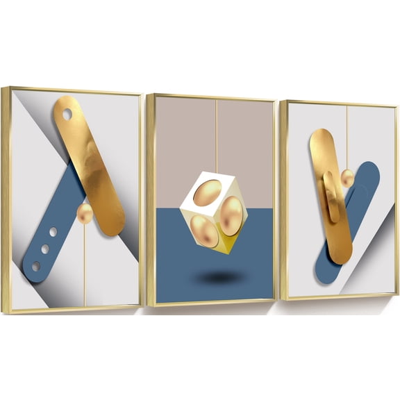 Full House 3 Panels Framed Canvas Wall ArtOil Paintings - Blue & Golden Geometric Poster Art - Aesthetic Prints for Living Room Bedroom Office