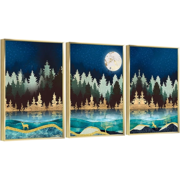 Full House 3 Panels Framed Canvas Wall ArtOil Paintings - Blue Moon Night - Aesthetic Prints for Living Room Bedroom Office