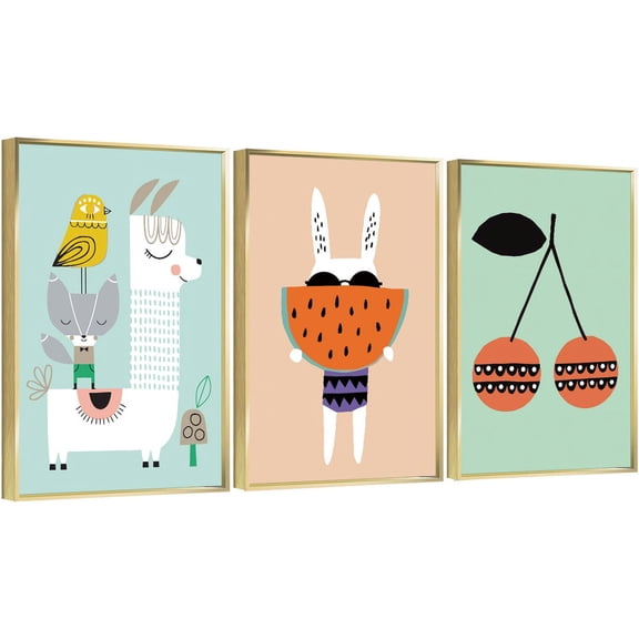 Full House 3 Panels Framed Canvas Wall ArtOil Paintings - Cartoon Animal poster - Aesthetic Prints for Living Room Bedroom Office