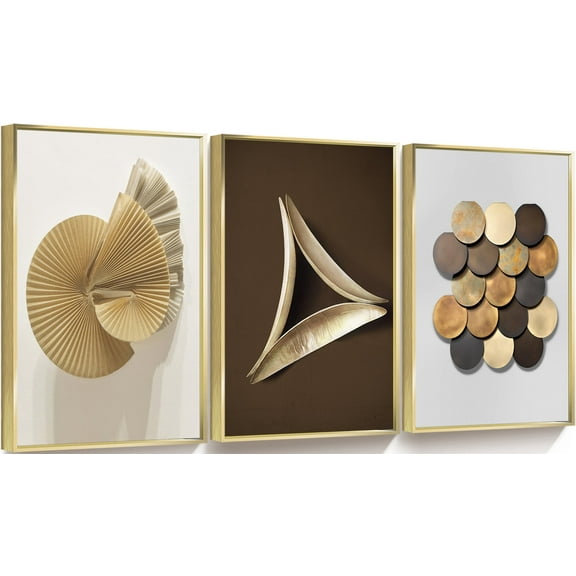 Full House 3 Panels Framed Canvas Wall ArtOil Paintings - Copper & Golden Geometric Art Set - Aesthetic Prints for Living Room Bedroom Office