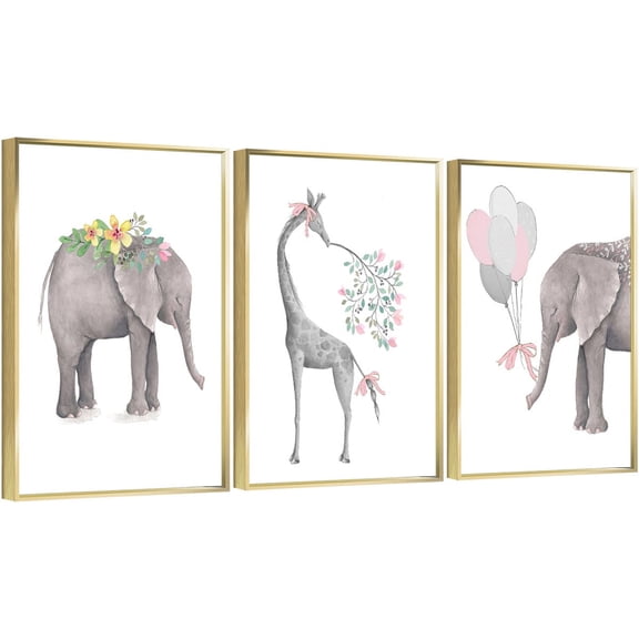 Full House 3 Panels Framed Canvas Wall ArtOil Paintings - Elephant & Giraffe Nursery Wall - Aesthetic Prints for Living Room Bedroom Office