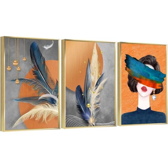 Full House 3 Panels Framed Canvas Wall ArtOil Paintings - Feather Beauty Style 2 - Aesthetic Prints for Living Room Bedroom Office