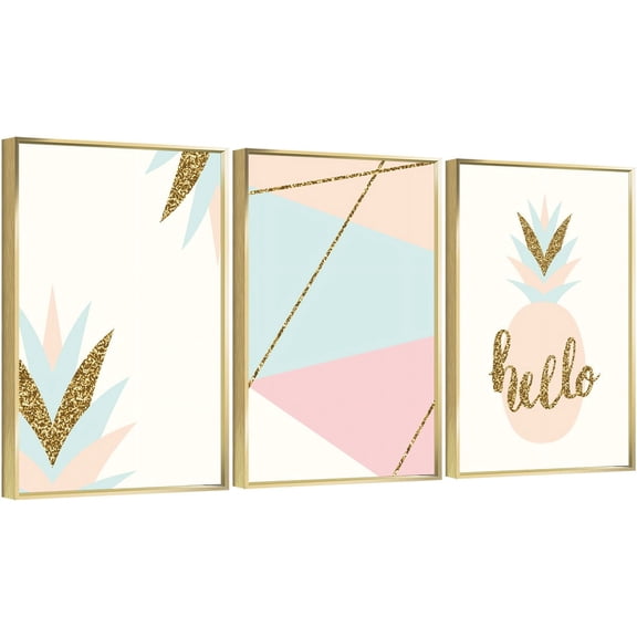Full House 3 Panels Framed Canvas Wall ArtOil Paintings - Gold Glitter Hello - Aesthetic Prints for Living Room Bedroom Office