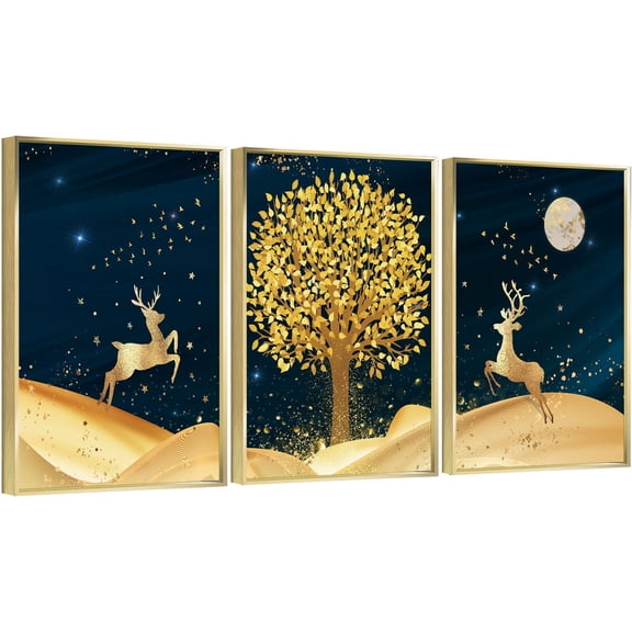 Full House 3 Panels Framed Canvas Wall ArtOil Paintings - Golden Deers & Tree Art - Aesthetic Prints for Living Room Bedroom Office