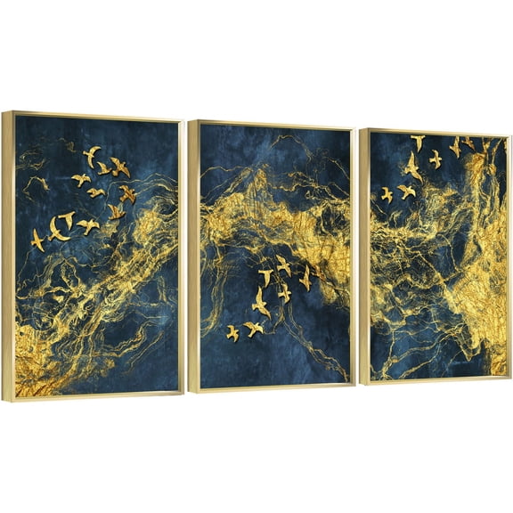 Full House 3 Panels Framed Canvas Wall ArtOil Paintings - Golden Migration Bird - Aesthetic Prints for Living Room Bedroom Office