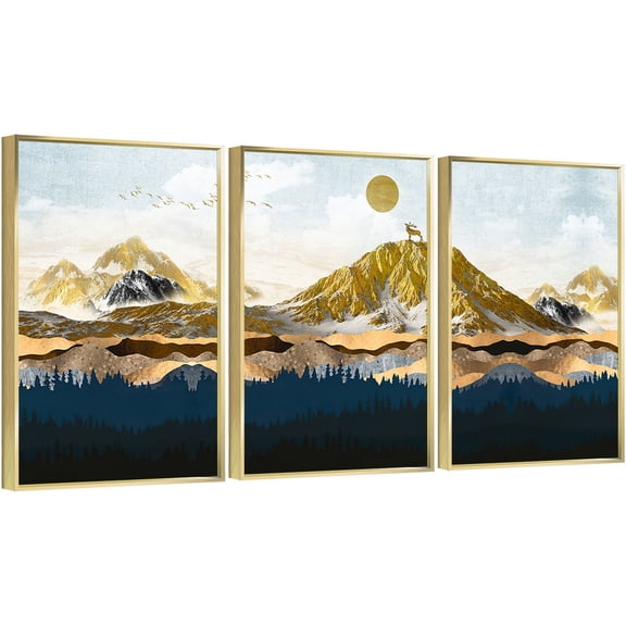 Full House 3 Panels Framed Canvas Wall ArtOil Paintings - Golden Sun Set Mountain - Aesthetic Prints for Living Room Bedroom Office