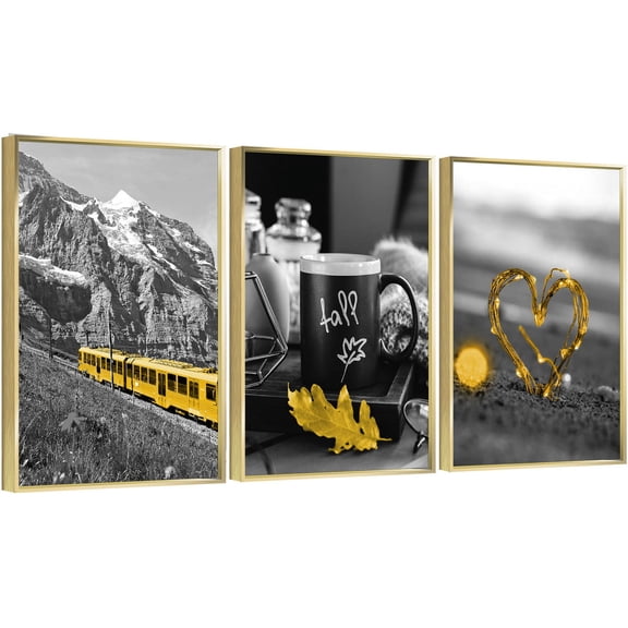 Full House 3 Panels Framed Canvas Wall ArtOil Paintings - Golden Train with Fall Leaf & Heart - Aesthetic Prints for Living Room Bedroom Office