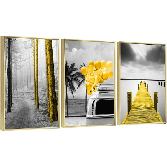 Full House 3 Panels Framed Canvas Wall ArtOil Paintings - Golden Wooden Bridge Jungle Trees Balloon - Aesthetic Prints for Living Room Bedroom Office