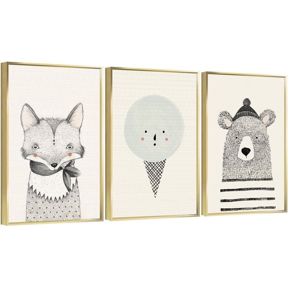 Full House 3 Panels Framed Canvas Wall ArtOil Paintings - Nursery Wall Art Bear Fox & Icecream on canvas - Aesthetic Prints for Living Room Bedroom Office