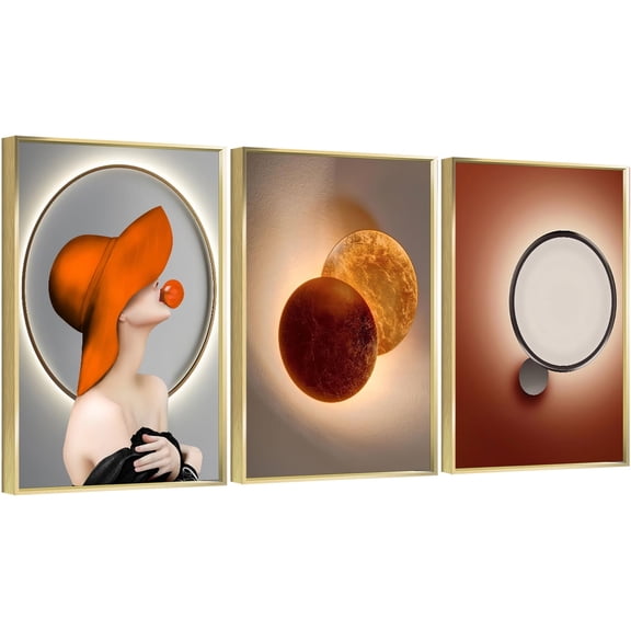 Full House 3 Panels Framed Canvas Wall ArtOil Paintings - Orange Beauty - Orange Moon - Aesthetic Prints for Living Room Bedroom Office