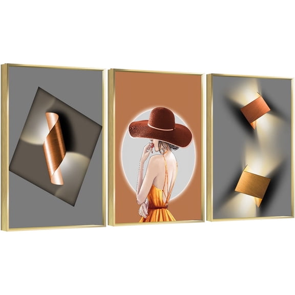 Full House 3 Panels Framed Canvas Wall ArtOil Paintings - Orange and Grey Beauty - Aesthetic Prints for Living Room Bedroom Office