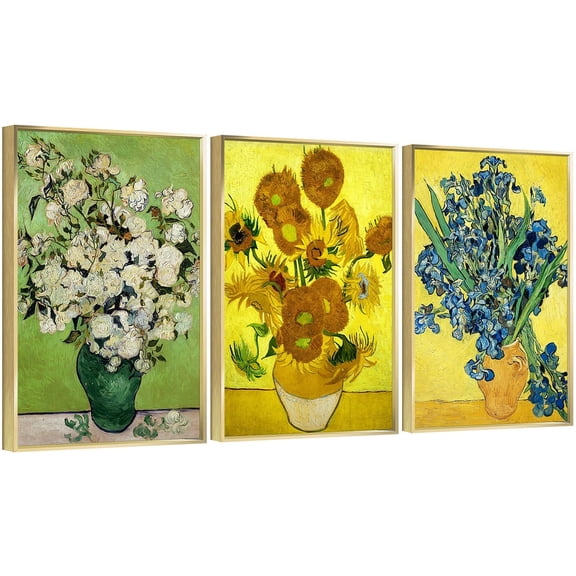 Full House 3 Panels Framed Canvas Wall ArtOil Paintings - Roses & Sunflowers & Irises - Aesthetic Prints for Living Room Bedroom Office
