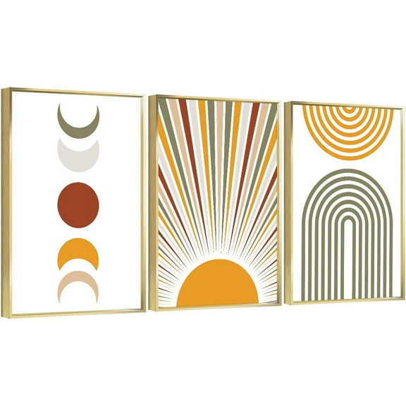 Full House 3 Panels Framed Canvas Wall ArtOil Paintings - Sun and Moon Print Mid Century Modern Décor - Aesthetic Prints for Living Room Bedroom Office