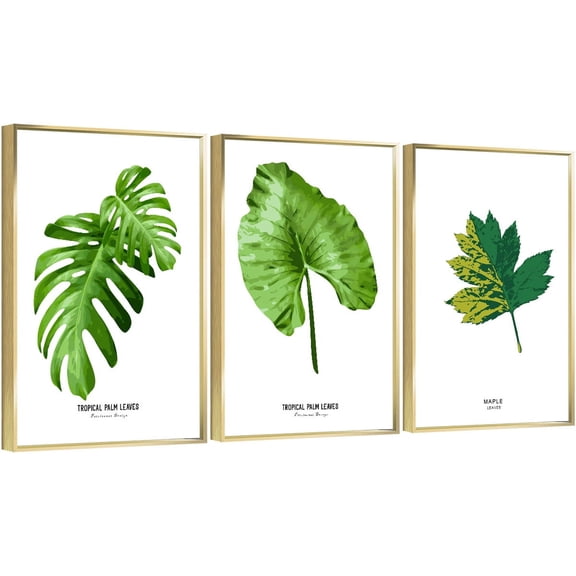 Full House 3 Panels Framed Canvas Wall ArtOil Paintings - Tropical Green Leaves - Aesthetic Prints for Living Room Bedroom Office