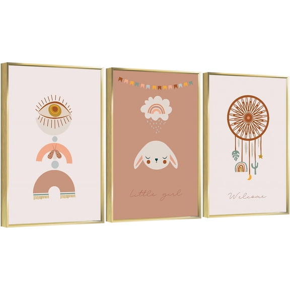 Full House 3 Panels Framed Canvas Wall ArtOil Paintings - Welcoming Little Girl - Aesthetic Prints for Living Room Bedroom Office