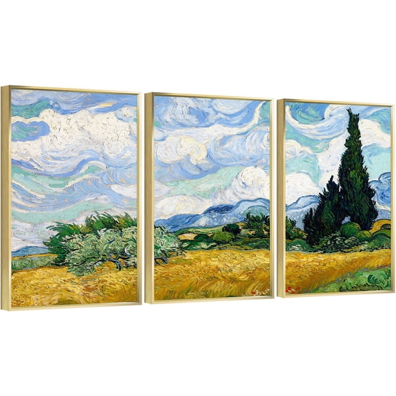 Full House 3 Panels Framed Canvas Wall ArtOil Paintings - Wheat Field with Cypresses - Aesthetic Prints for Living Room Bedroom Office