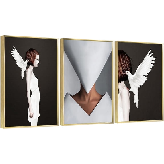 Full House 3 Panels Framed Canvas Wall ArtOil Paintings - White Dove And Girlish Abstract Pattern - Aesthetic Prints for Living Room Bedroom Office