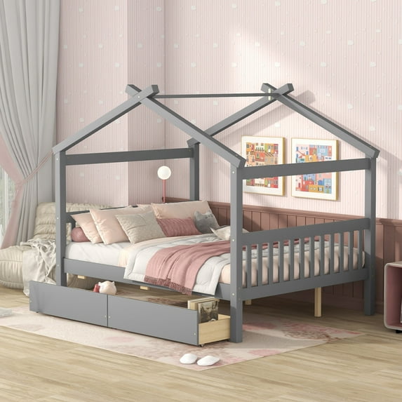 Full House Bed with 2 Drawers, Wooden Daybed Frame with Roof and Fence-Shaped Guardrail, Full Size Platform Bed Frames for Toddler, Kids, Teen, Can Be Decorated, No Box Spring Needed, Gray
