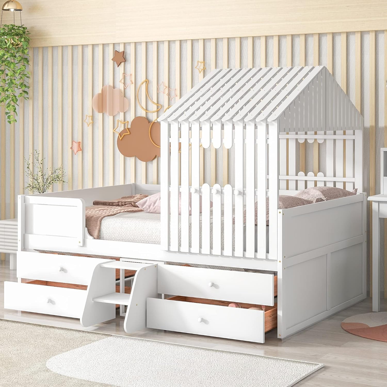 Full House Bed For Kids, Full Size Bed With 4 Storage Drawers, Fences