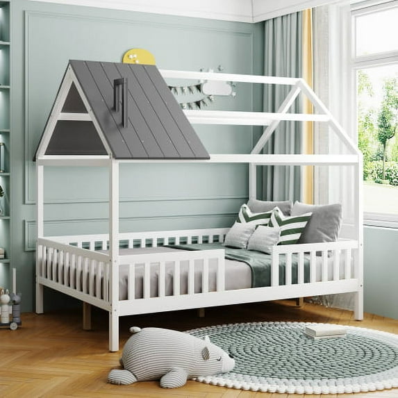 Full House Bed for Kids, Montessori Bed with Full-Length Fence & Roof & Chimney, Wooden Playhouse Bed Frame for Toddlers Girls Boys, No Box Spring Required, White+Gray