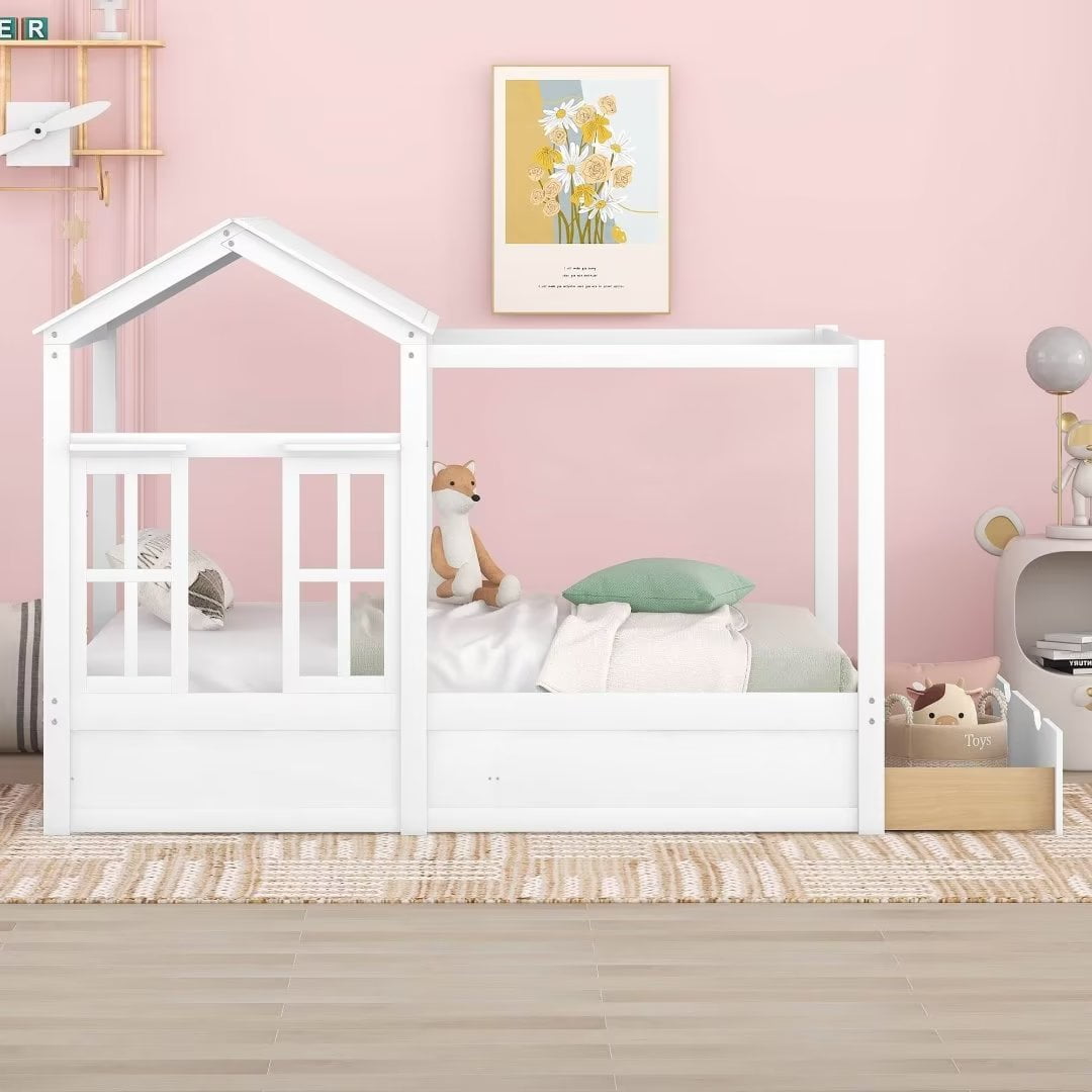 Full House Bed, House Shaped Canopy Bed with Roof & Window, Full