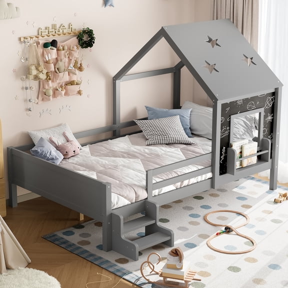 Full House Beds with Low-Profile Stairs and a Window, Solid Wood House Platform Bed with a Bookcase, Blackboard Design, and Star-shape Roof, No Box Spring Needed, Gray